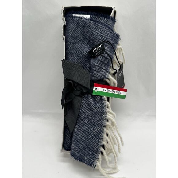 IL MORO FIRENZE Wool Cashmere Scarf Blue With Fringe Made Italy Winter Academia - Picture 2 of 5